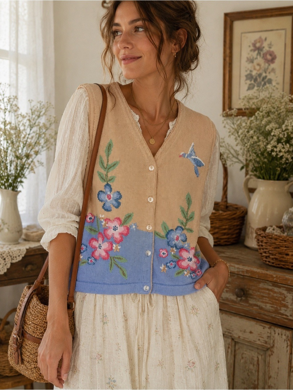 Vintage 90s Tabi International Floral Bird Cotton Knit Vest M Made in Hong Kong